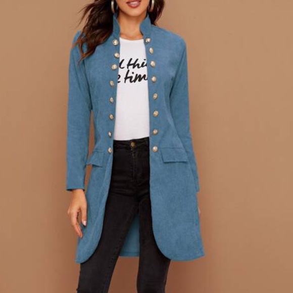 Dusty blue Button Detail Open Front Corduroy Jacket Shacket - Picture 3 of 13